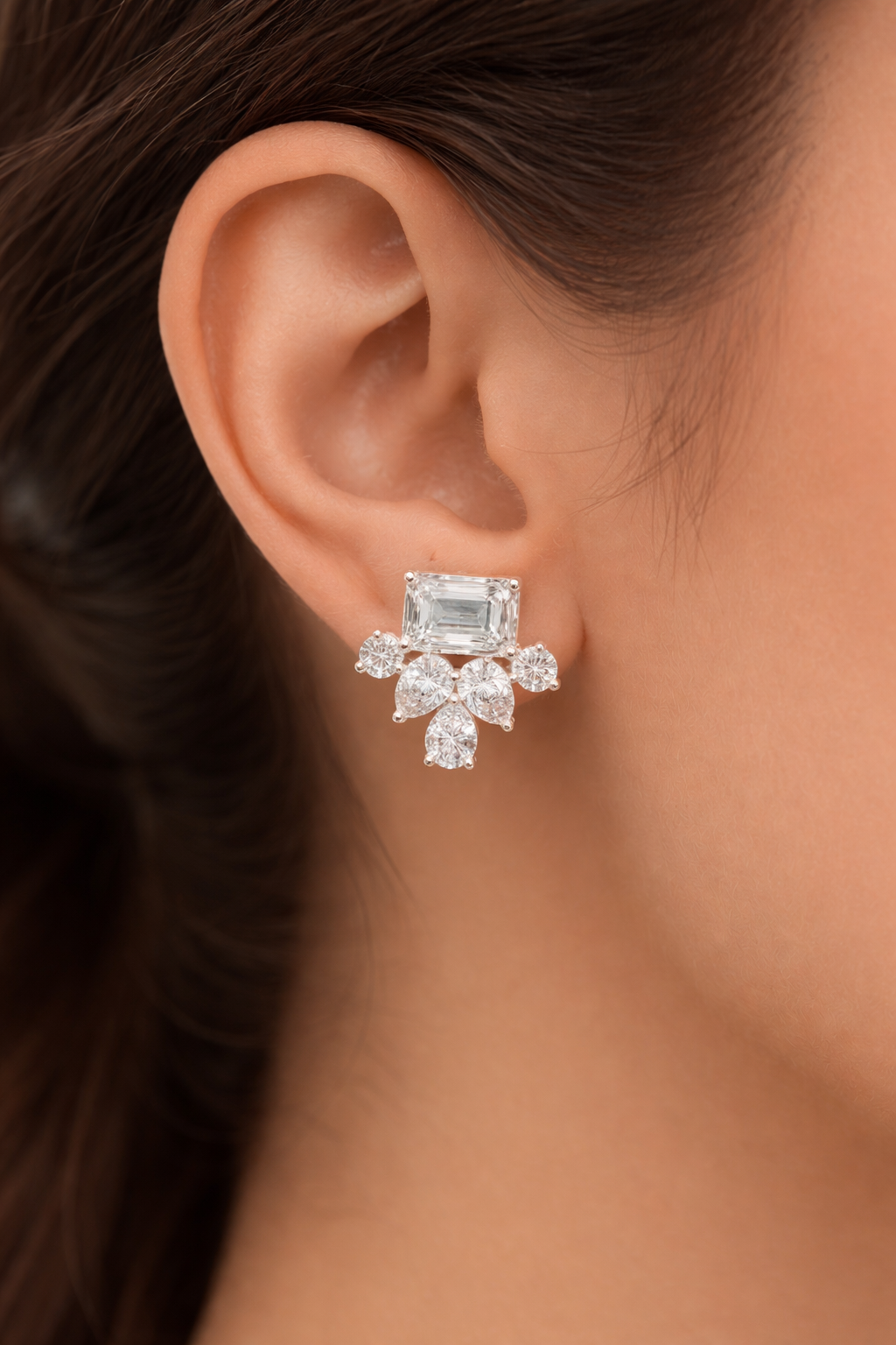 Emerald Cut Diamond Stud Earrings with Floral Drop – Regal Bloom Elegance