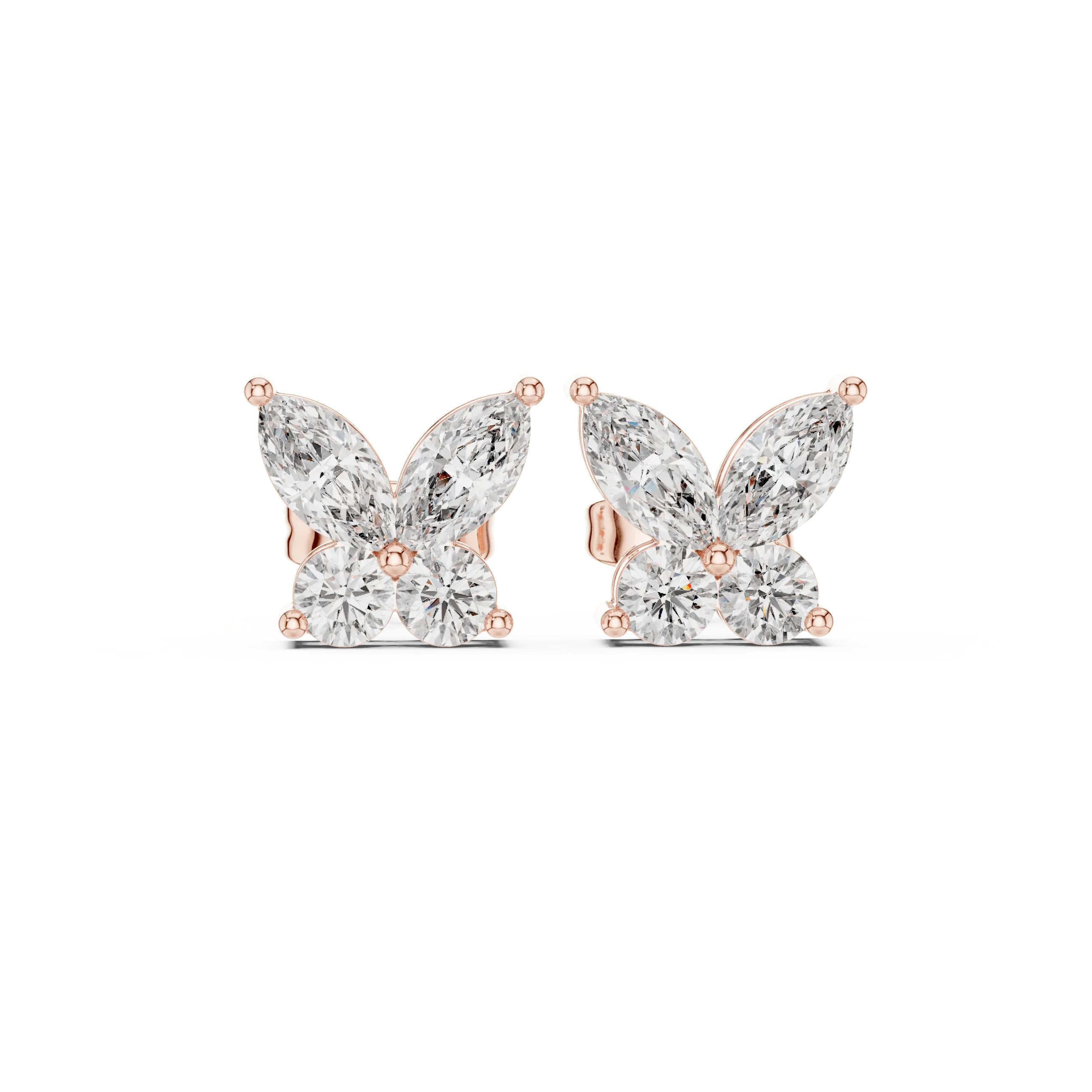 Butterfly Princess Cut Diamond Stud Earrings in Rose Gold – Elegant & Cute