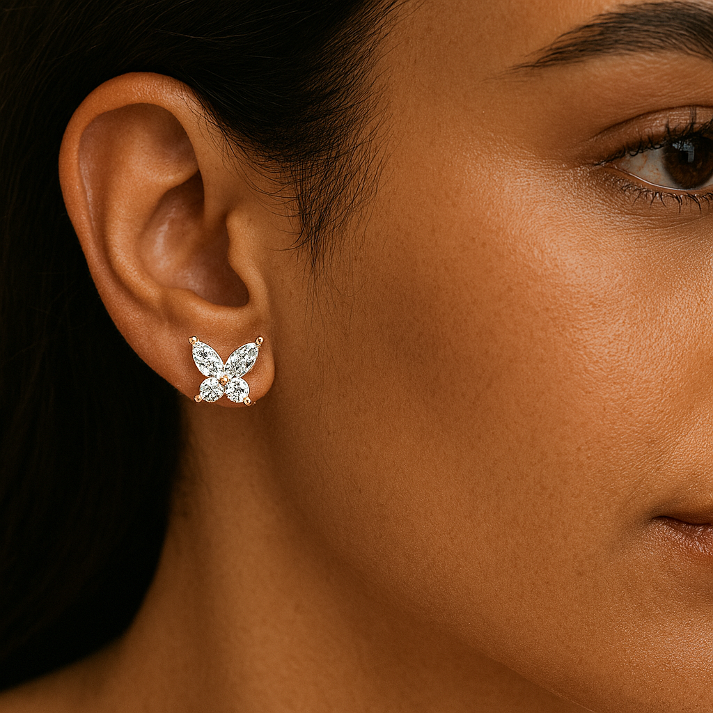 Butterfly Princess Cut Diamond Stud Earrings in Rose Gold – Elegant & Cute