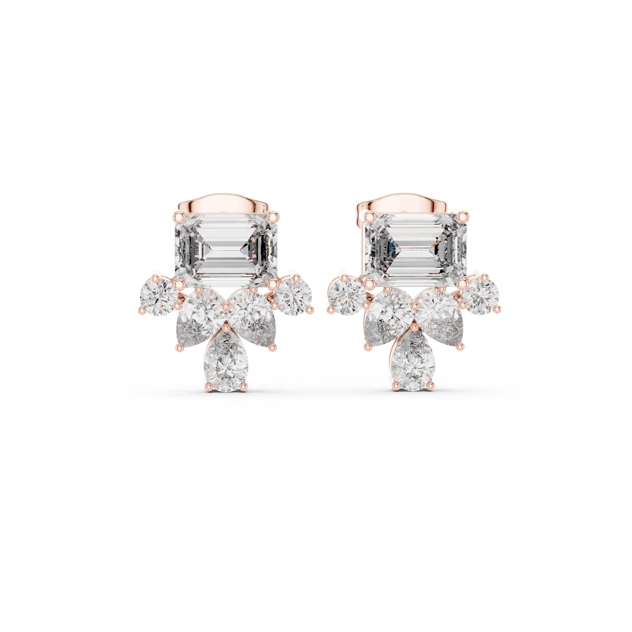 Emerald Cut Diamond Stud Earrings with Floral Drop – Regal Bloom Elegance